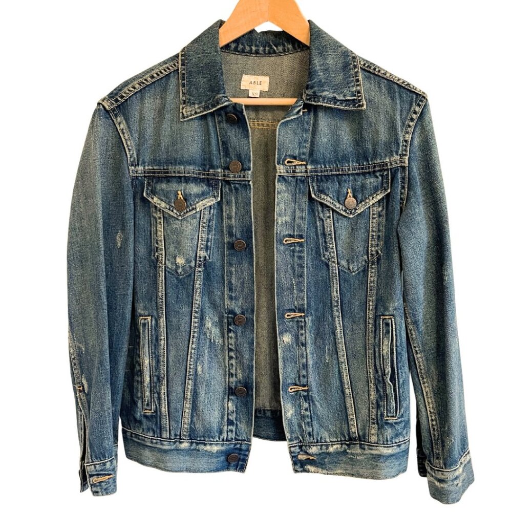 ABLE Distressed Merly Denim Jean Jacket Buttoned Front Women XS